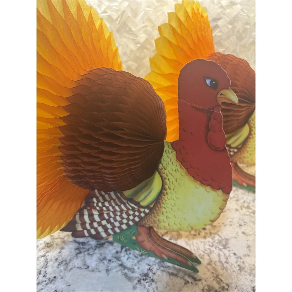 2 Vintage‎ RUSS Turkey Centerpiece Honeycomb Fold Cutout Tabletop Thanksgiving